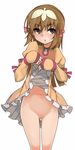  :o arm_ribbon ass_visible_through_thighs black_eyes blush brown_hair censored cowboy_shot dress dress_lift embarrassed eyebrows eyebrows_visible_through_hair flat_chest frills hair_ornament hair_ribbon highres juliet_sleeves kochiya_(gothope) lifted_by_self long_hair long_sleeves looking_at_viewer navel no_panties nose_blush puffy_sleeves pussy re_mii ribbon short_dress simple_background sleeves_past_wrists solo standing sweatdrop tress_ribbon triangle_mouth turtleneck white_background yellow_dress zoids zoids_genesis 