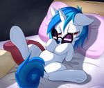  bed bedroom_eyes blue_hair convenient_censorship equine eyewear female feral friendship_is_magic fur hair horn horse looking_at_viewer lying mammal my_little_pony on_back pillow pony purple_eyes shadow solo spread_legs spreading two_tone_hair unicorn vinyl_scratch_(mlp) white_fur 