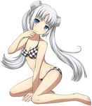  :o alternate_costume barefoot bikini blue_eyes blush breasts checkered checkered_bikini cleavage eyebrows_visible_through_hair hair_ornament ki_(kk-sk-ray) long_hair looking_at_viewer medium_breasts miss_monochrome miss_monochrome_(character) shiny shiny_skin silver_hair sitting solo swimsuit twintails wariza white_hair yokozuwari 