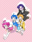  2girls :d blue_eyes blue_hair bow child chimu_(chimoon) clenched_teeth closed_eyes davi_(dokidoki!_precure) db_(dokidoki!_precure) dokidoki!_precure formal glasses multiple_boys multiple_girls open_mouth orange_hair pant_suit personification pink_bow pink_eyes pink_hair polka_dot polka_dot_background precure purple_eyes purple_hair rakeru_(dokidoki!_precure) rakeru_(dokidoki!_precure)_(human) rance_(dokidoki!_precure) rance_(dokidoki!_precure)_(human) running shadow sharuru_(dokidoki!_precure) sharuru_(dokidoki!_precure)_(human) short_hair smile suit tears teeth 