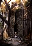  blonde_hair broken_glass chain door dress glass highres indoors long_hair mashayuki overgrown ruins scenery solo sunset tabard touhou umbrella yakumo_yukari yin_yang 