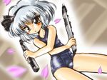  dual_wielding electric_wind_instrument holding instrument konpaku_youmu one-piece_swimsuit petals school_swimsuit silver_hair skindentation solo swimsuit touhou winn 