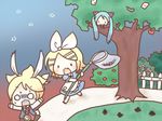  2girls alice_(wonderland) alice_in_wonderland bad_id bad_pixiv_id blonde_hair bow butterfly_net chasing cheshire_cat chibi hand_net hatsune_miku kagamine_len kagamine_rin multiple_girls o_o sakuramori_sumomo short_hair tree twintails vocaloid white_rabbit 