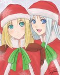  aqua_eyes aqua_hair blonde_hair blue_eyes christmas hat mittens multiple_girls original pointy_ears santa_costume santa_hat signature snowflakes yukihiro 