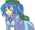  ^_^ all_fours backpack bag blue_hair closed_eyes hair_bobbles hair_ornament happy hat hidari_(coletica) kawashiro_nitori no_nose open_mouth simple_background smile solo touhou twintails two_side_up 