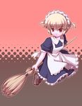  apron blonde_hair broom broom_riding expressionless halftone halftone_background loafers looking_away maid maid_headdress original puffy_sleeves red_eyes shoes short_hair short_sleeves sidesaddle solo twintails yukimura_tsubame 