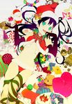  alcohol bad_id bad_pixiv_id black_hair bow cake candy christmas doughnut elbow_gloves envelope food fruit gloves green_eyes hat heart honjyamaka lollipop long_hair midriff original pastry pillow ribbon santa_costume santa_hat solo star strawberry stuffed_animal stuffed_toy teddy_bear wine 