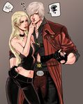  1girl belt blonde_hair blue_eyes choker dante_(devil_may_cry) devil_may_cry devil_may_cry_4 gloves long_hair natsu_yasai short_hair trish_(devil_may_cry) white_hair 