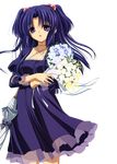  blue_hair bouquet casual clannad flower hair_bobbles hair_ornament highres ichinose_kotomi ikeda_kazumi long_hair official_art parasol purple_eyes solo transparent_background two_side_up umbrella 