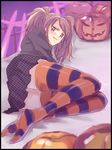 halloween jack-o'-lantern kujikawa_rise panties pantyshot persona persona_4 pumpkin school_uniform solo striped striped_legwear thighhighs tsuji_yuzu twintails underwear unmoving_pattern yasogami_school_uniform 