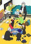  4girls amagi_yukiko bed black_skirt blanket blue_hair eating food full_body hanamura_yousuke indosou jacket jyako_(bara-myu) kujikawa_rise kuma_(persona_4) long_sleeves miniskirt multiple_boys multiple_girls narukami_yuu on_bed persona persona_4 playing_games red_hair satonaka_chie seiza shirogane_naoto silver_hair sitting skirt table tatsumi_kanji track_jacket twintails video_game waking_up 