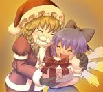  bad_id bad_pixiv_id blonde_hair blue_hair braid christmas cirno fake_beard fake_facial_hair fake_mustache gift holding holding_gift kirisame_marisa multiple_girls santa_costume shiroi_karasu short_hair touhou 