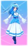  aoi_kanan blue_eyes blue_hair boots center_frills costume cross-laced_footwear dress frills full_body gen_4_pokemon lace-up_boots long_hair manaphy non-web_source personification pokemon solo 