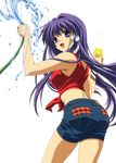  casual clannad denim denim_shorts fujibayashi_kyou hair_ribbon highres hose kadowaki_miku long_hair midriff purple_eyes purple_hair ribbon short_shorts shorts solo sponge transparent_background vector_trace very_long_hair water 