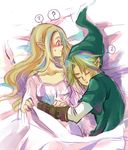  1girl ? blonde_hair blush hat hug link long_hair lowres mutsuki_kaya pointy_ears princess_zelda sleeping the_legend_of_zelda 