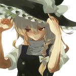  bad_id bad_pixiv_id blonde_hair bow braid fingernails gm hair_bow hand_on_headwear hands hat kirisame_marisa long_hair looking_away orange_eyes ribbon sad side_braid simple_background solo touhou turtleneck upper_body witch_hat 