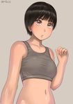  :o arm_up ayumu_(zenkou) brown_eyes brown_hair dated grey_background looking_at_viewer midriff navel original parted_lips shiny shiny_skin short_hair simple_background solo sports_bra upper_body zenkou 