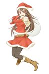  :d amagai_tarou belt blush boots brown_hair christmas copyright_request elbow_gloves full_body gloves hat high_heels highres long_hair open_mouth pantyhose red_eyes red_gloves sack santa_costume santa_hat shoes simple_background skirt smile solo 