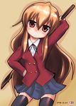  aisaka_taiga bad_id bad_pixiv_id bokken brown_eyes brown_hair highres kazuboh left-handed long_hair oohashi_high_school_uniform school_uniform skirt solo sword thighhighs toradora! weapon wooden_sword zettai_ryouiki 