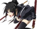  ama_mitsuki black_hair black_legwear blood ga-rei ga-rei_zero isayama_yomi katana long_hair open_mouth ponytail purple_eyes skirt solo sword thighhighs weapon 