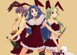  animal_ears asakura_ryouko blue_eyes blue_hair brown_eyes bunny_ears christmas eating green_hair kimidori_emiri knife long_hair multiple_girls nagato_yuki pinzu sack santa_costume short_hair silver_hair suzumiya_haruhi_no_yuuutsu 