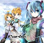  2girls blonde_hair blue_eyes blue_hair eyeshadow hatsune_miku kagamine_len kagamine_rin long_hair makeup multiple_girls scarf shared_scarf sho_(runatic_moon) short_hair smile twintails vocaloid 