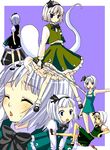  :o alternate_color_school_swimsuit blue_eyes blush bob_cut bobby_socks frown green_swimsuit hairband hidari_(coletica) hitodama katana konpaku_youmu konpaku_youmu_(ghost) mary_janes multiple_persona name_tag school_swimsuit shoes short_hair simple_background socks standing swimsuit sword touhou triangle_mouth weapon white_hair 