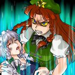  anger_vein angry blood blue_eyes bow bowtie braid clenched_teeth closed_eyes constricted_pupils crazy fainting glowing hairband hat hong_meiling hug injury izayoi_sakuya long_hair multiple_girls open_mouth red_hair ribbon scowl short_hair silver_hair supon teeth touhou twin_braids you_gonna_get_raped 