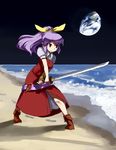  beach belt boots bow bracelet earth hair_bow hair_ribbon highres hirosato jewelry katana long_hair ocean ponytail purple_hair ribbon solo sword touhou watatsuki_no_yorihime water weapon 