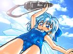  blue_eyes blue_hair cirno electric_wind_instrument from_below instrument name_tag one-piece_swimsuit school_swimsuit solo swimsuit touhou winn 