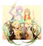  3girls detached_sleeves hands hatsune_miku kagamine_len kagamine_rin kaito long_hair meiko multiple_boys multiple_girls necktie one_eye_closed outstretched_arm outstretched_hand reaching scarf tsujisaki_(coa3) twintails very_long_hair vocaloid 