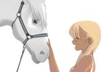  animal bare_arms blonde_hair braid camisole closed_eyes copyright_request dark_skin facing_another from_side happy horse kiriman_(souldeep) long_hair open_mouth simple_background solo twin_braids upper_body white_background 