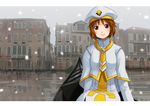  aria ayumi_k_jasmine bad_id bad_pixiv_id blush boat brown_hair building city hat nagian pantyhose reflection short_hair smile snow snowflakes solo venezia water watercraft 