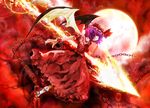  bat_wings chain fire hat magic_circle mikihiro moon purple_hair red_eyes remilia_scarlet short_hair solo spear_the_gungnir touhou wings 