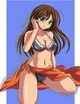  bad_id bad_pixiv_id bikini blue_background blue_eyes brown_hair derivative_work jewelry kurokuro_(koulen1206) long_hair orange_sarong original print_sarong ring sarong sarong_aside solo swimsuit 