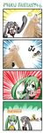  4koma akita_neru bear black_rock_shooter black_rock_shooter_(character) camera catstudioinc_(punepuni) cellphone cellphone_camera comic gun hatsune_miku highres long_hair multiple_girls negi_suppository phone prehensile_hair silent_comic spring_onion twintails vocaloid weapon zatsune_miku 