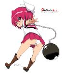  bent_over boots copyright_request cuffs hands looking_back oekaki onija_tarou outstretched_arm outstretched_hand panties pantyshot purple_eyes reaching red_hair school_uniform serafuku shackles short_hair solo underwear weapon 