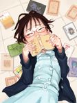  belt blue_dress blue_jacket blush book brown_eyes brown_hair buttons covering_face dress glasses holding holding_book jacket looking_to_the_side messy_hair mosaique on_floor original scattered_books short_hair tile_floor tiles translation_request 