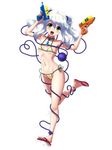  :d absurdres alternate_hairstyle bikini blush breasts choker dual_wielding eyeball flip-flops green_eyes heart heart_of_string highres holding kezune_(i-_-i) komeiji_koishi navel open_mouth sandals short_hair silver_hair small_breasts smile solo swimsuit third_eye toes touhou twintails water_gun 