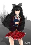  71pen black_hair blake_belladonna book bow copyright_name hair_bow long_hair plaid plaid_skirt rwby school school_uniform skirt smile solo yellow_eyes 