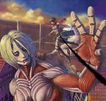  2girls annie_leonhardt black_hair blonde_hair blue_eyes cloud clouds female_titan giant highres mikasa_ackerman monster monster_girl multiple_girls muscle shingeki_no_kyojin sky walls 