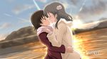  bad_id bad_pixiv_id banboro_(technobot) blush brown_eyes brown_hair closed_eyes fake_screenshot hair_ornament hand_on_another's_shoulder hug jacket kiss mitani_kanae multiple_girls sawatari_fuu short_hair sunset tamayura tears yuri 