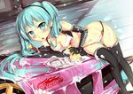  aqua_eyes aqua_hair bikini blush car car_wash earrings elbow_gloves gloves goodsmile_company goodsmile_racing ground_vehicle hatsune_miku hose jewelry long_hair motor_vehicle navel packge solo sponge swimsuit thigh_gap thighhighs tsurime twintails vocaloid washing 