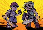  bandaid baseball_bat baseball_cap blonde_hair brown_hair dual_wielding hat holding holding_sword holding_weapon kaigetsudo left-handed link master_sword mother_(game) mother_2 multiple_boys ness pointy_ears shield shirt shoes shorts sneakers striped super_smash_bros. sword t-shirt the_legend_of_zelda the_legend_of_zelda:_the_wind_waker toon_link tunic weapon yo-yo 