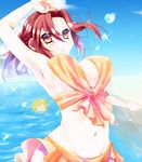  :3 aozaki_touko ball beach bikini breasts covered_nipples day kamehima kara_no_kyoukai large_breasts long_hair lugh_beowulf mahou_tsukai_no_yoru ocean outdoors ponytail red_eyes red_hair solo swimsuit water 