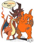  3_toes ? angry bald barefoot big big_feet big_mouth charizard chubby claws crikeydave crossover dialog digimon dinosaur dragon duo english_text feral fire greymon hand_on_hip horn humor lizard looking_down looking_up mega_charizard mega_charizard_y mega_evolution nintendo nude open_mouth orange_nose plain_background pok&#233;mon pok&eacute;mon raised_arm red_eyes reptile scalie scared sharp_teeth size_difference sweat teeth text theropod toe_claws tongue video_games white_background white_eyes wings 