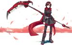  boots cape crescent_rose cross dress flower full_body hitogome pantyhose petals petticoat red_hair rose rose_petals ruby_rose rwby scythe short_hair smile solo weapon white_background 