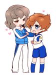  armband blue_eyes blush brown_eyes brown_hair earth_eleven heart inazuma_eleven_(series) inazuma_eleven_go inazuma_eleven_go_galaxy jacket male_focus matsukaze_tenma multiple_boys open_mouth shindou_takuto simple_background soccer_uniform sportswear standing tooru track_jacket white_background 