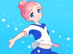  blue_background blue_eyes earth_eleven inazuma_eleven_(series) inazuma_eleven_go inazuma_eleven_go_galaxy navel nozaki_sakura open_mouth pink_hair soccer_uniform solo sportswear tooru 