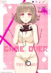  artist_name bangs between_breasts blunt_bangs blush bra breast_squeeze breasts brown_hair character_name cleavage_cutout clock commentary cowboy_shot cursor danganronpa earphones english flipped_hair frilled_bra frills hair_ornament hairclip handheld_game_console hews_hack highres holding large_breasts looking_at_viewer nanami_chiaki navel open_mouth panties parted_lips pink_background pink_eyes playstation_portable ringed_eyes shiny shiny_skin short_hair solo super_danganronpa_2 thigh_gap underwear underwear_only 